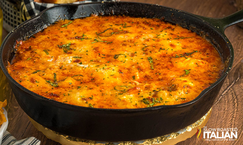 baked lasagna dip in a cast iron skillet