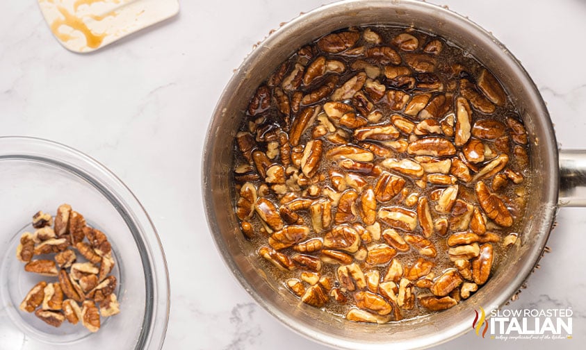 making pecan pie layer for cheesecake bars