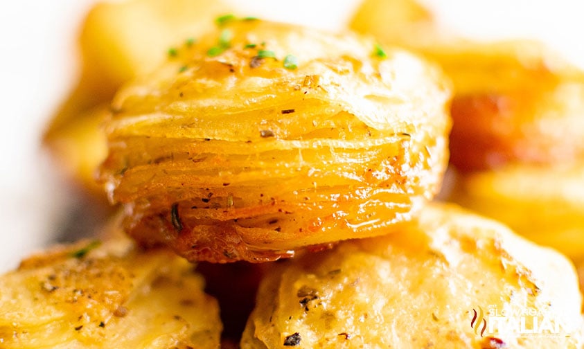 closeup of plate of potato stacks