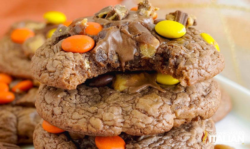 closeup of reeses brownie cookies with bite missing