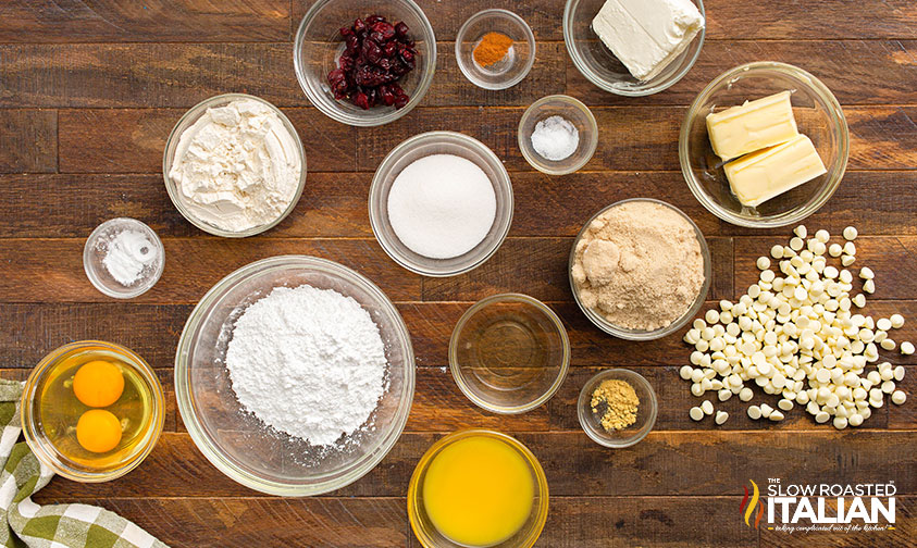 ingredients for cranberry bliss bars in bowls