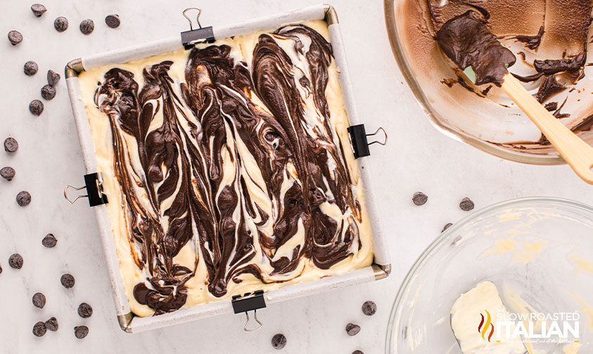brownie batter swirled in cheesecake layer