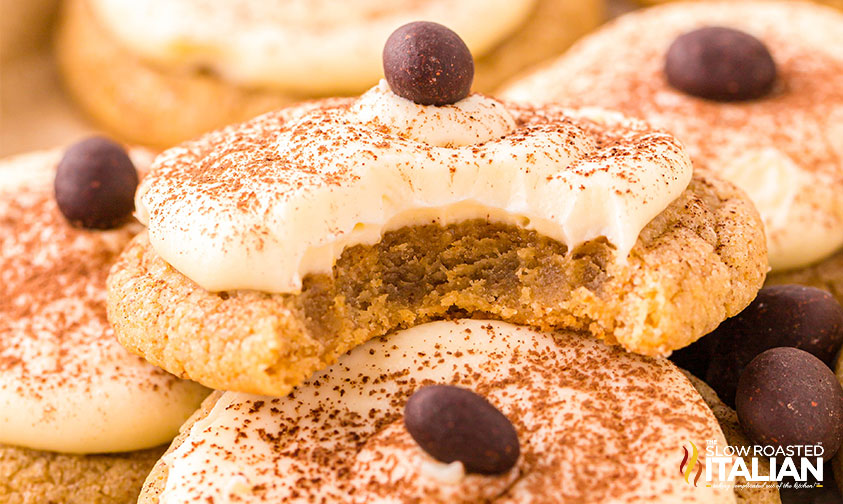 closeup of tiramisu cookie with bite taken