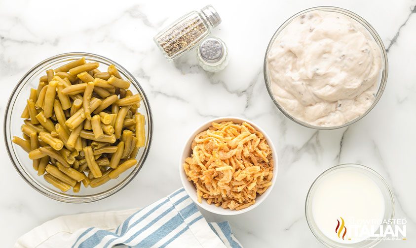 bowls of ingredients for easy green bean casserole