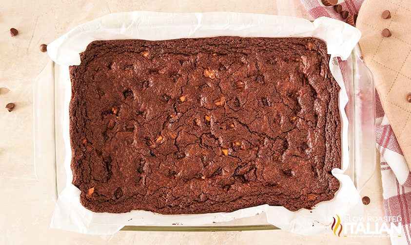 pan of baked reeses brownies