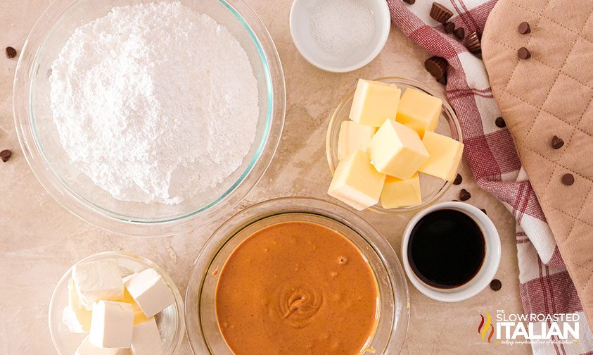 bowls of ingredients for peanut butter frosting