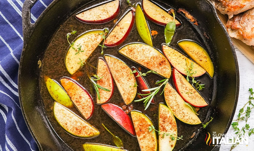 making pan sauce with apples and herbs