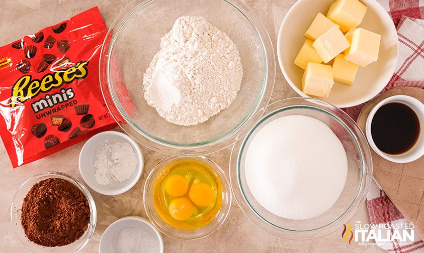 bowls of ingredients for peanut butter frosted brownies