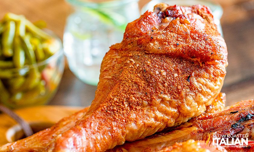 closeup: seasoned turkey leg with crispy skin