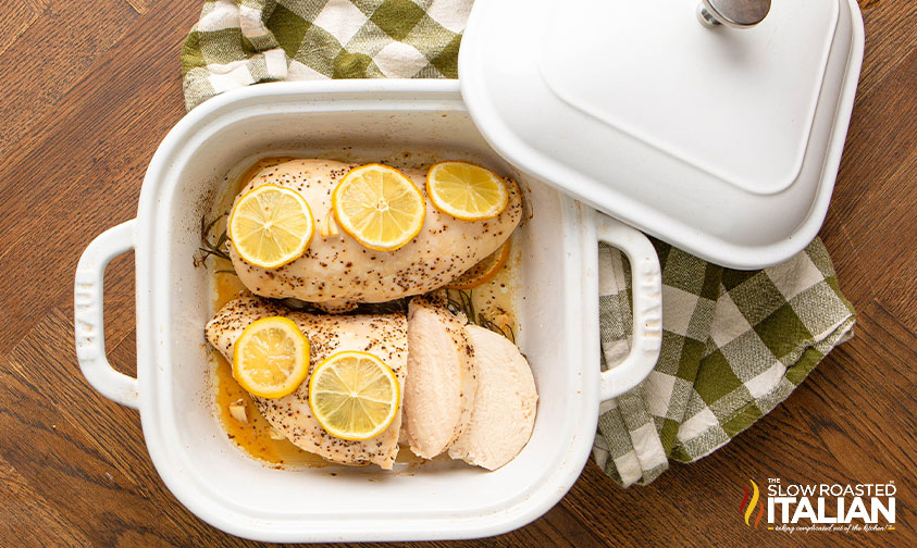 baked lemon chicken in a baking dish