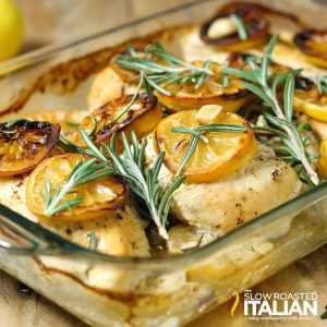 closeup of baked lemon rosemary chicken