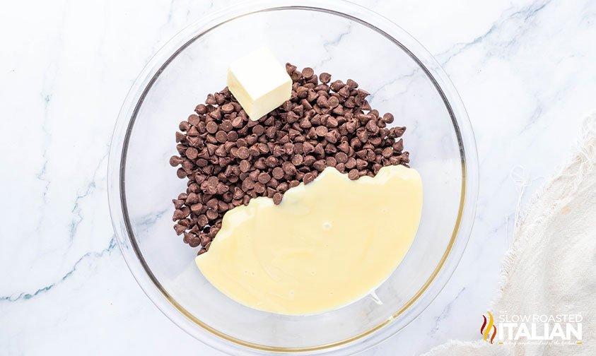 melting chocolate chips in sweetened condensed milk and butter