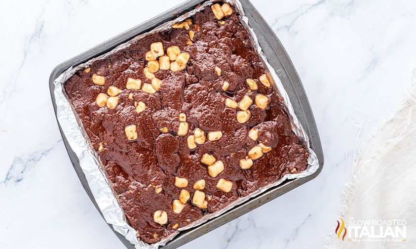 rocky road fudge pressed into pan