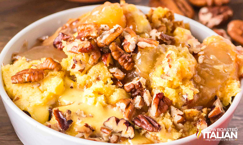 bowl of caramel apple dump cake