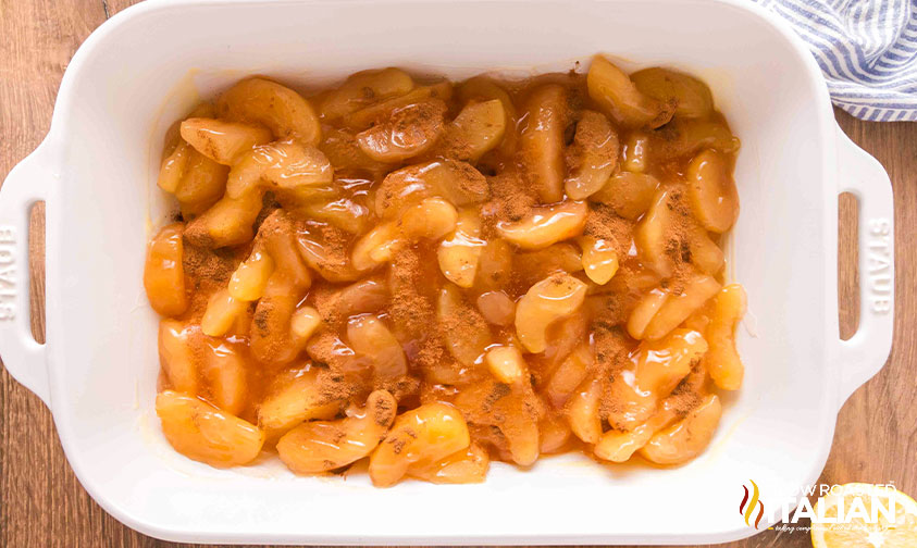 apple pie filling in a baking dish