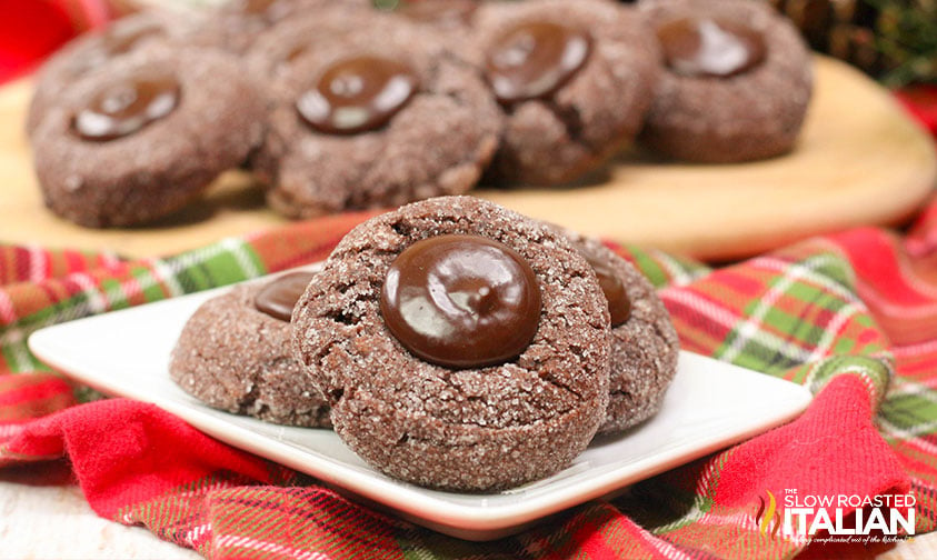 chocolate thumbprint cookies on a tray