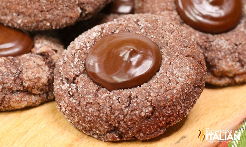 closeup of chocolate thumbprint cookie