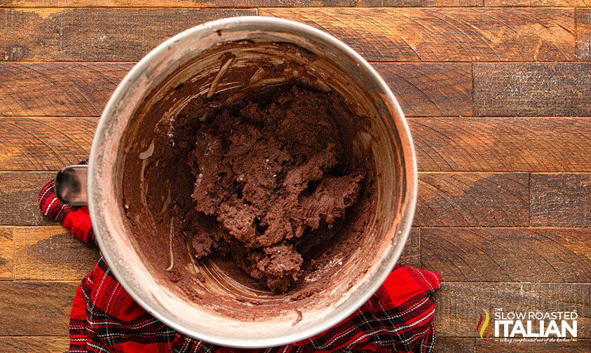 chocolate thumbprint cookie dough in mixing bowl