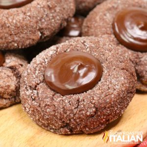 closeup of chocolate thumbprint cookies