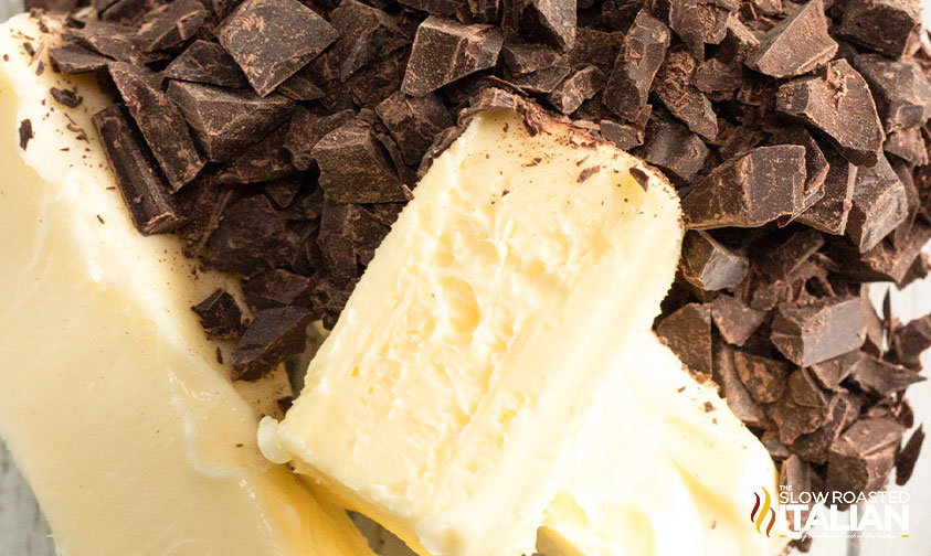 chocolate and butter in a mixing bowl