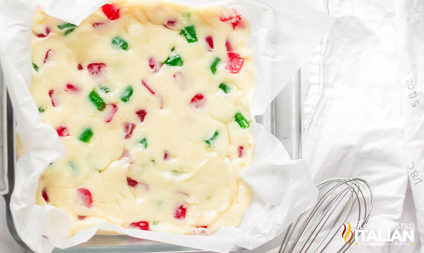 gumdrop fudge in parchment lined pan