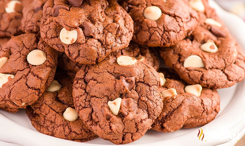 stacked divil's food cookies on a tray