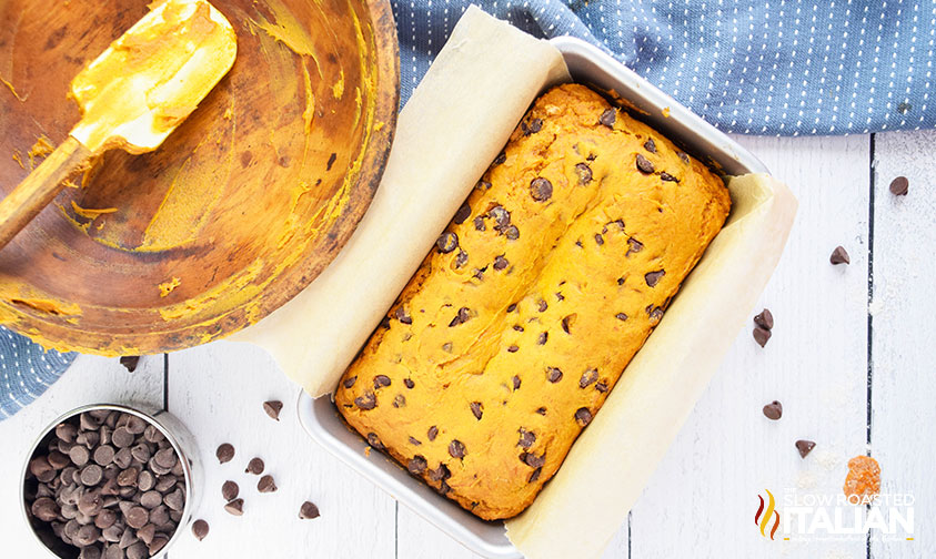 baked chocolate chip pumpkin bread in loaf pan