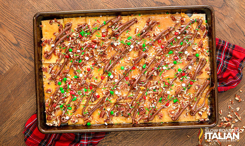 sprinkles and chocolate added to salted pecan toffee bars