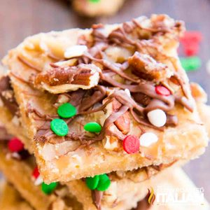 closeup of stacked salted caramel pecan toffee bars