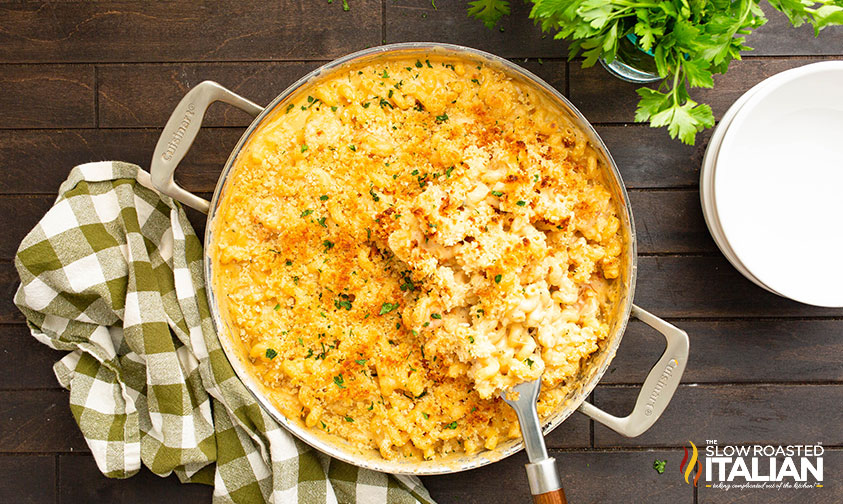 cooked shrimp mac and cheese in a pot