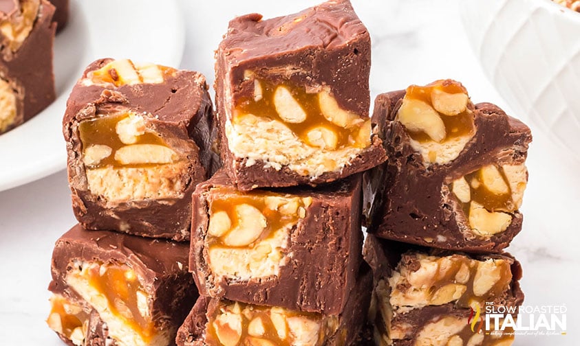 stacked pieces of snickers fudge