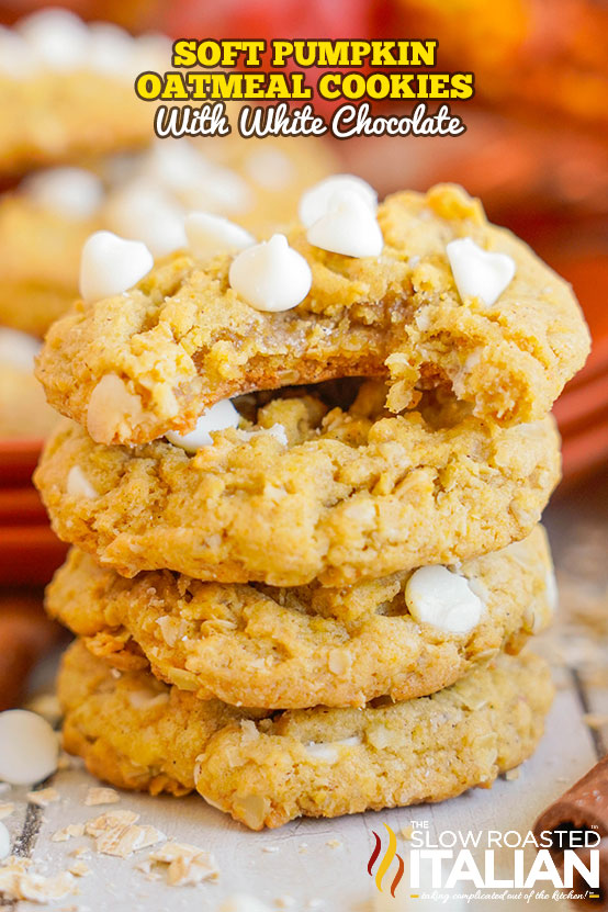 Titled Imaged: Soft Pumpkin Oatmeal Cookies with White Chocolate