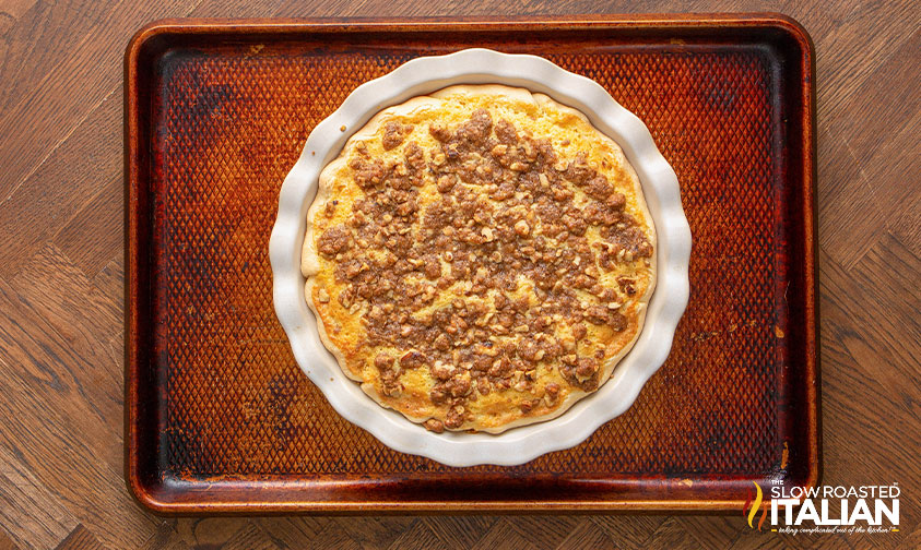 best buttermilk pie with streusel topping on a baking sheet