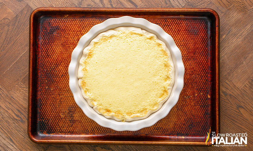 baked buttermilk pie on a sheet pan