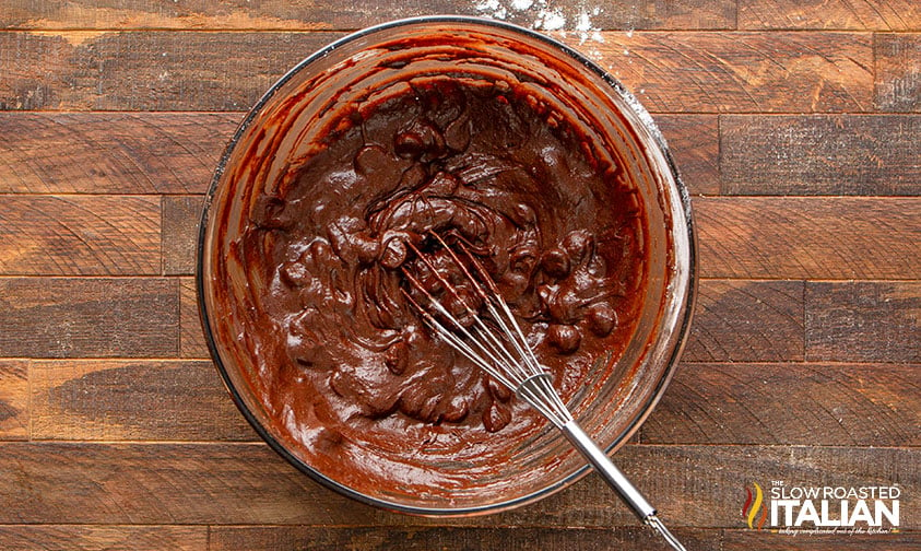 fudgy cocoa brownie batter in mixing bowl