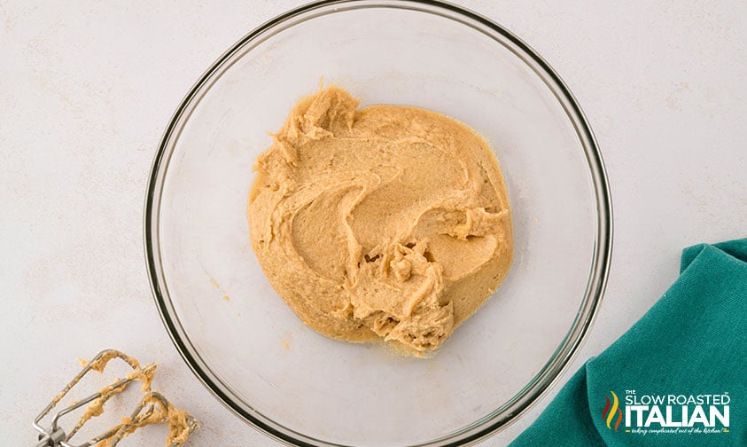 creamed butter and sugars in a mixing bowl