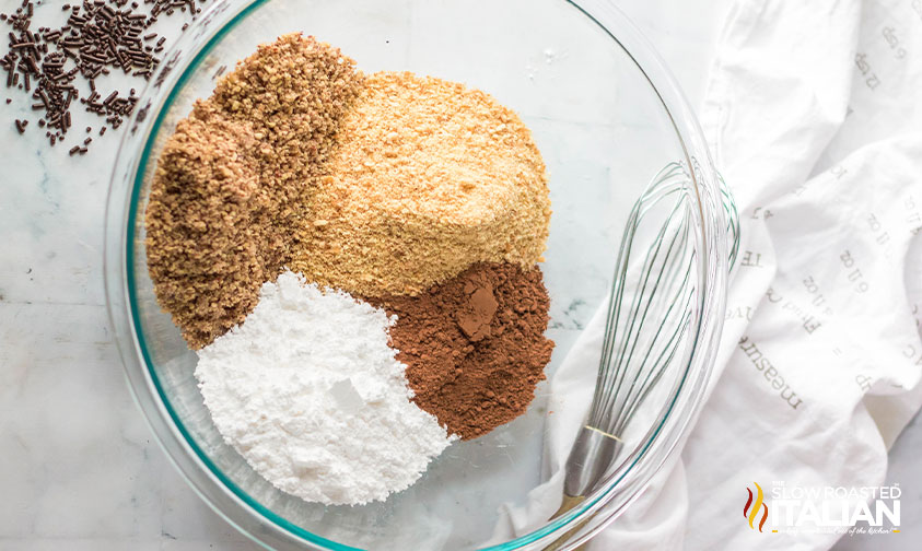 dry ingredients for rum balls in a mixing bowl