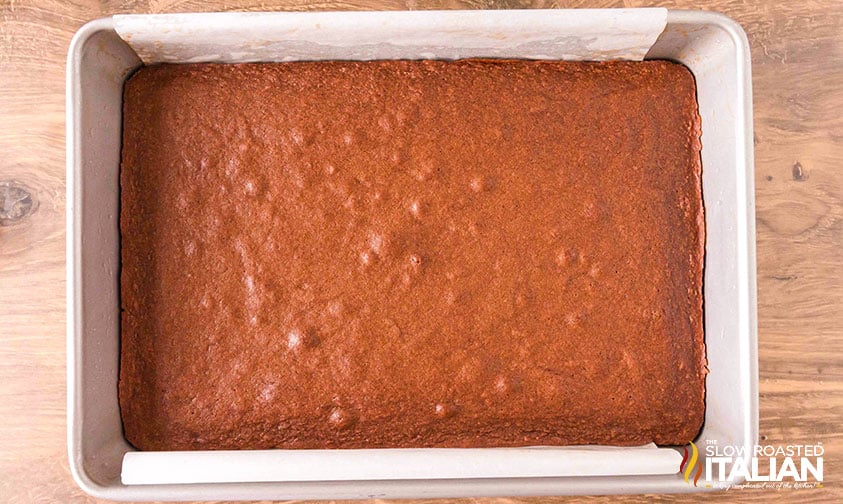 baked brownies in pan cooling