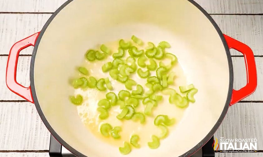 chopped celery in pot