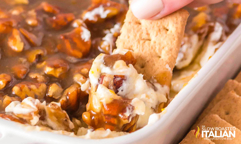 closeup of pecan pie dip on a cracker