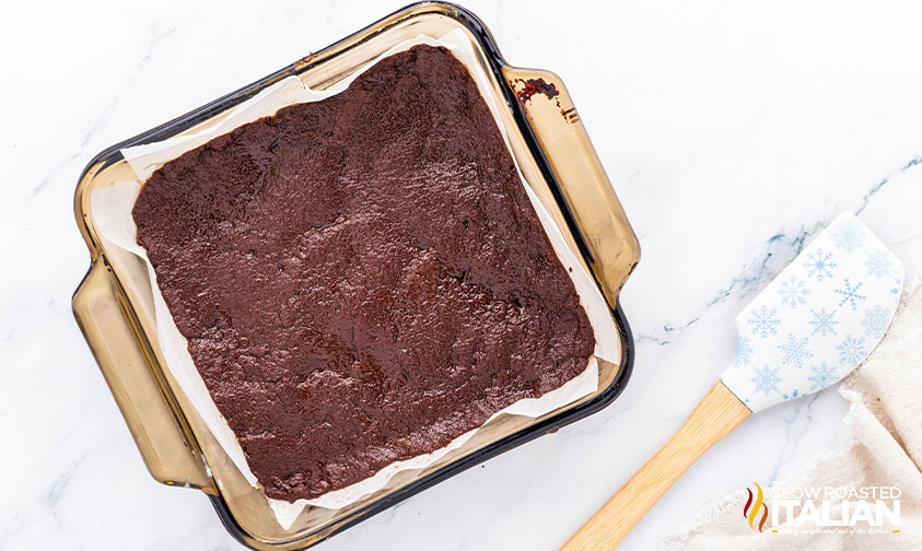 chocolate fudge layer in baking pan