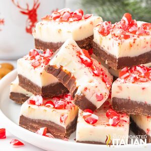 easy peppermint bark fudge stacked on a plate