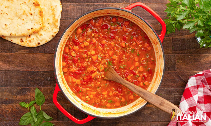 italian lentil soup in large pot