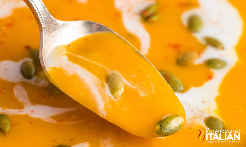 closeup of a bowl of autumn squash soup