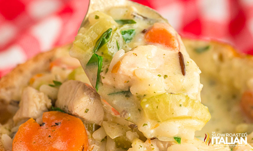 closeup of panera chicken and wild rice soup on a spoon