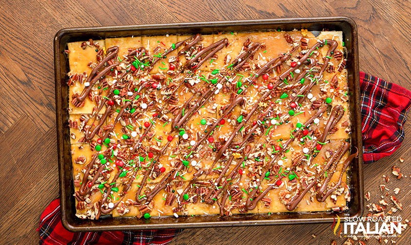 pecan pie christmas crack in a baking sheet