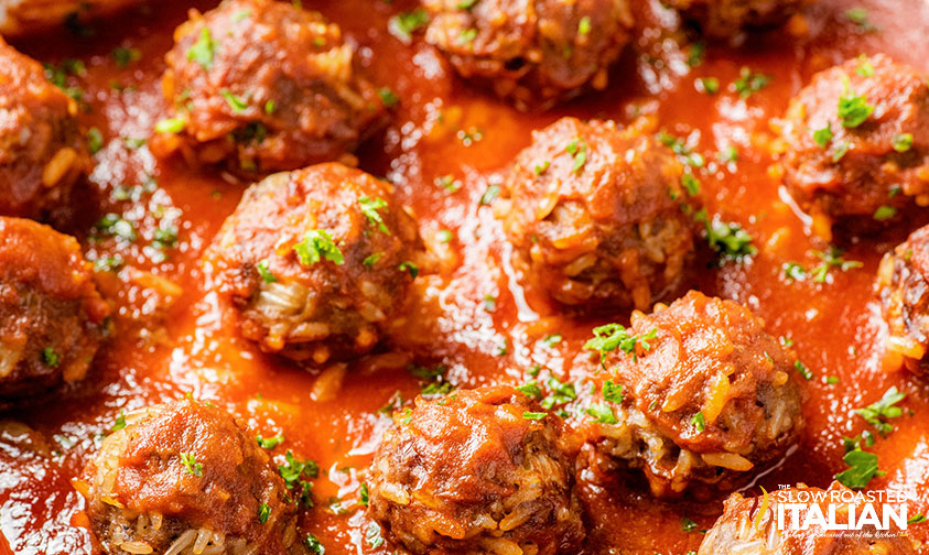 porcupine meatballs on baking sheet