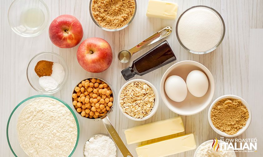 overhead: ingredients to make caramel apple streusel cookies