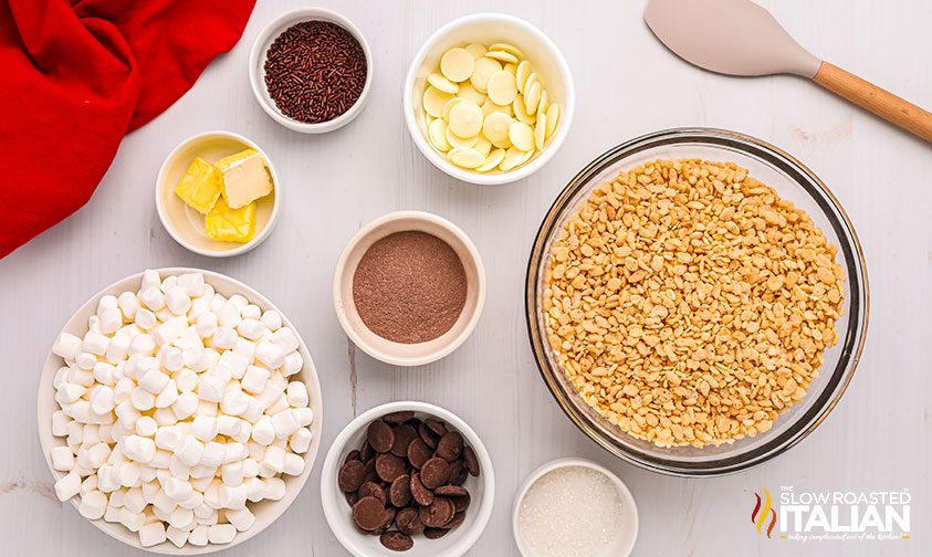 bowls of ingredients to make hot cocoa krispie treats