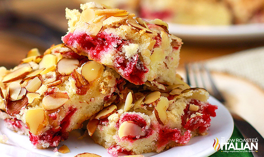 closeup of 3 pieces of cranberry christmas cake